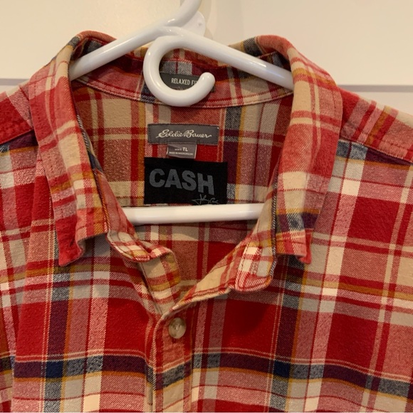 Custom Made Johnny Cash Graphic on Red Plaid Eddie Bauer Flannel Shirt, Sz TL - Picture 7 of 7